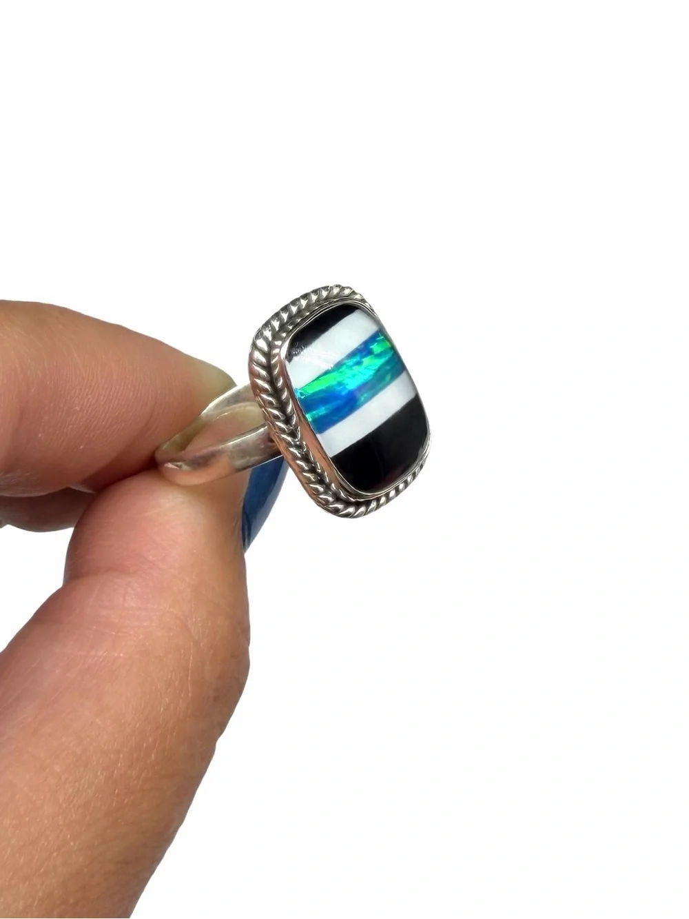 Aurora Fire Opal Black Onyx Striped Ring Size 9 Solid 925 Sterling Silver Blue